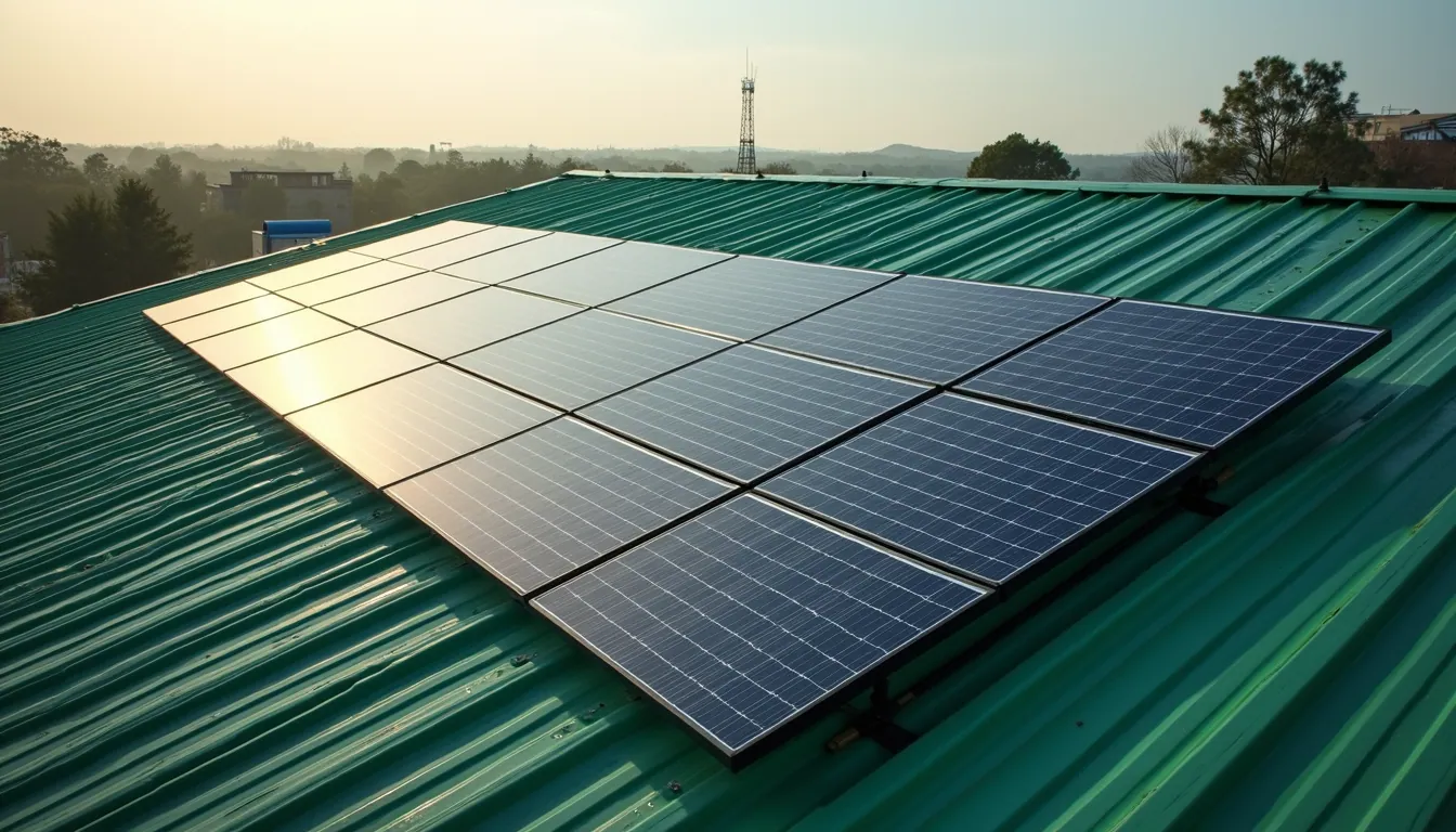 High angle view of solar panels installed on a green building roof