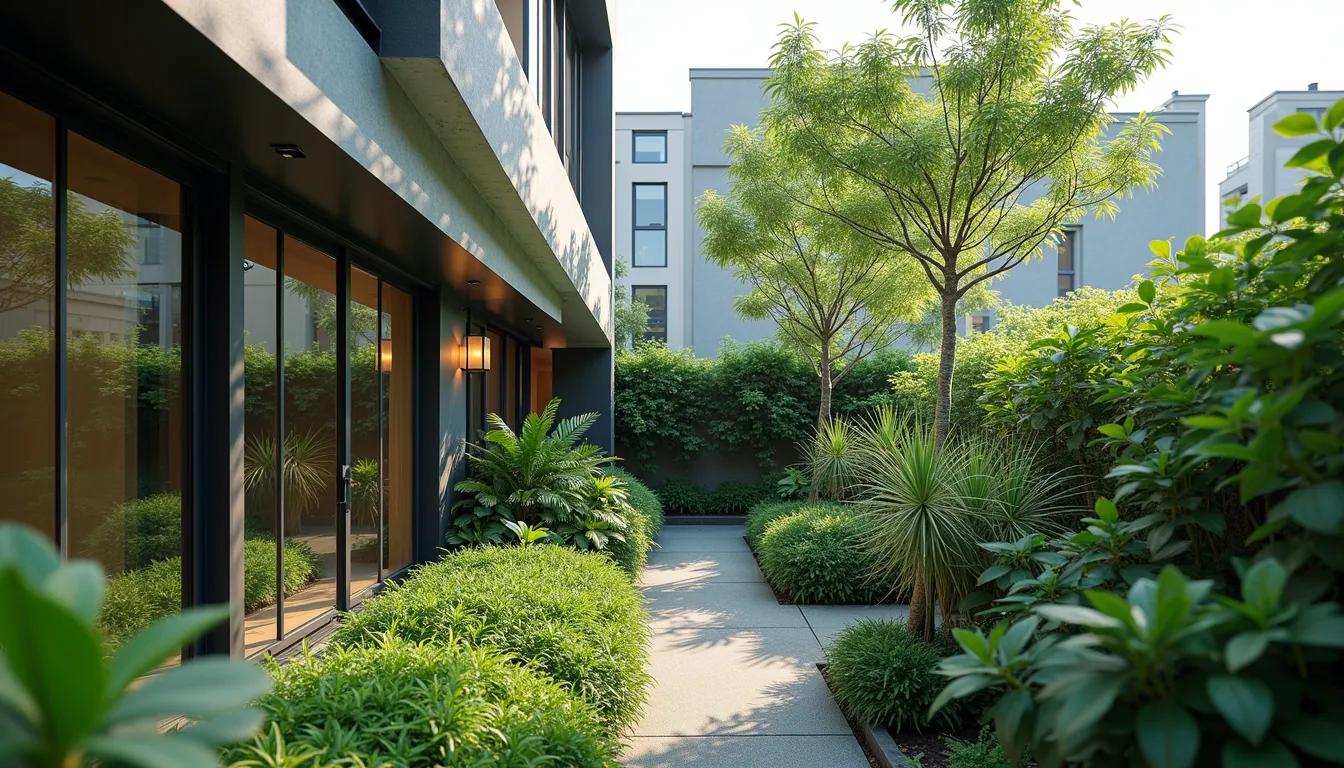 High angle view of a rooftop garden with lush greenery in a modern Kochi home