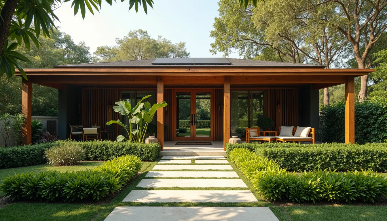 High angle view of a tropical modern home exterior with wooden canopies and lush landscaping