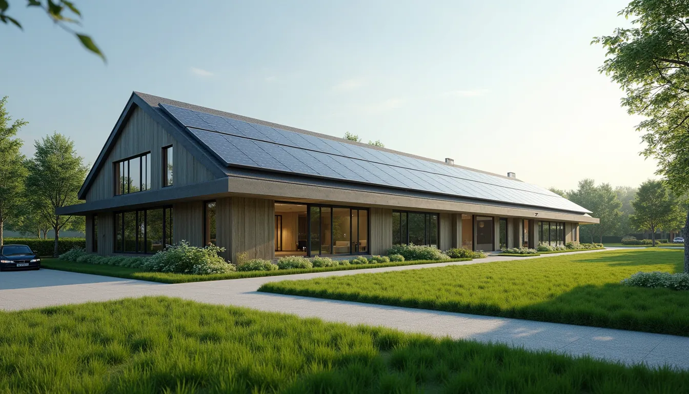 Wide angle view of a sustainable building with solar panels and green landscaping