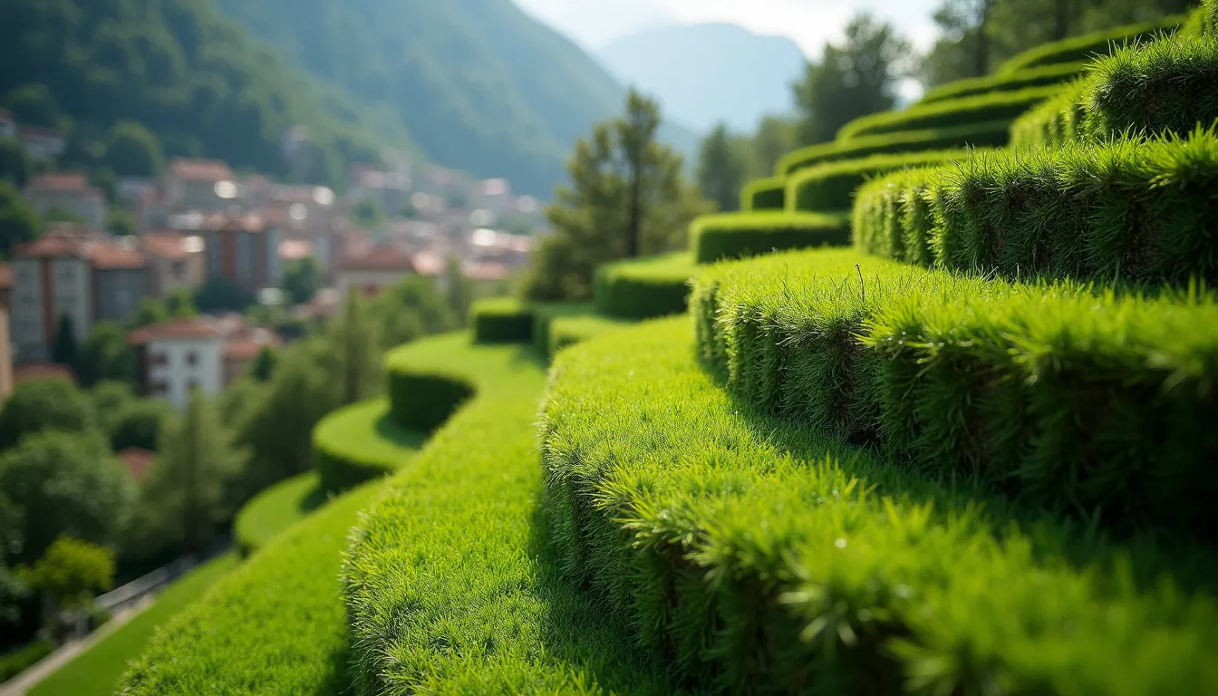 Close-up view of the Bosco Verticale's green terraces