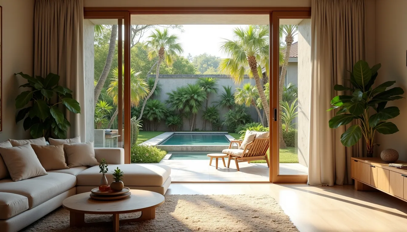Wide angle view of a tropical modern living room with large glass doors opening to a garden