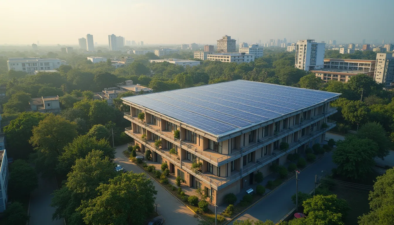 High angle view of sustainable building with solar panels in urban India