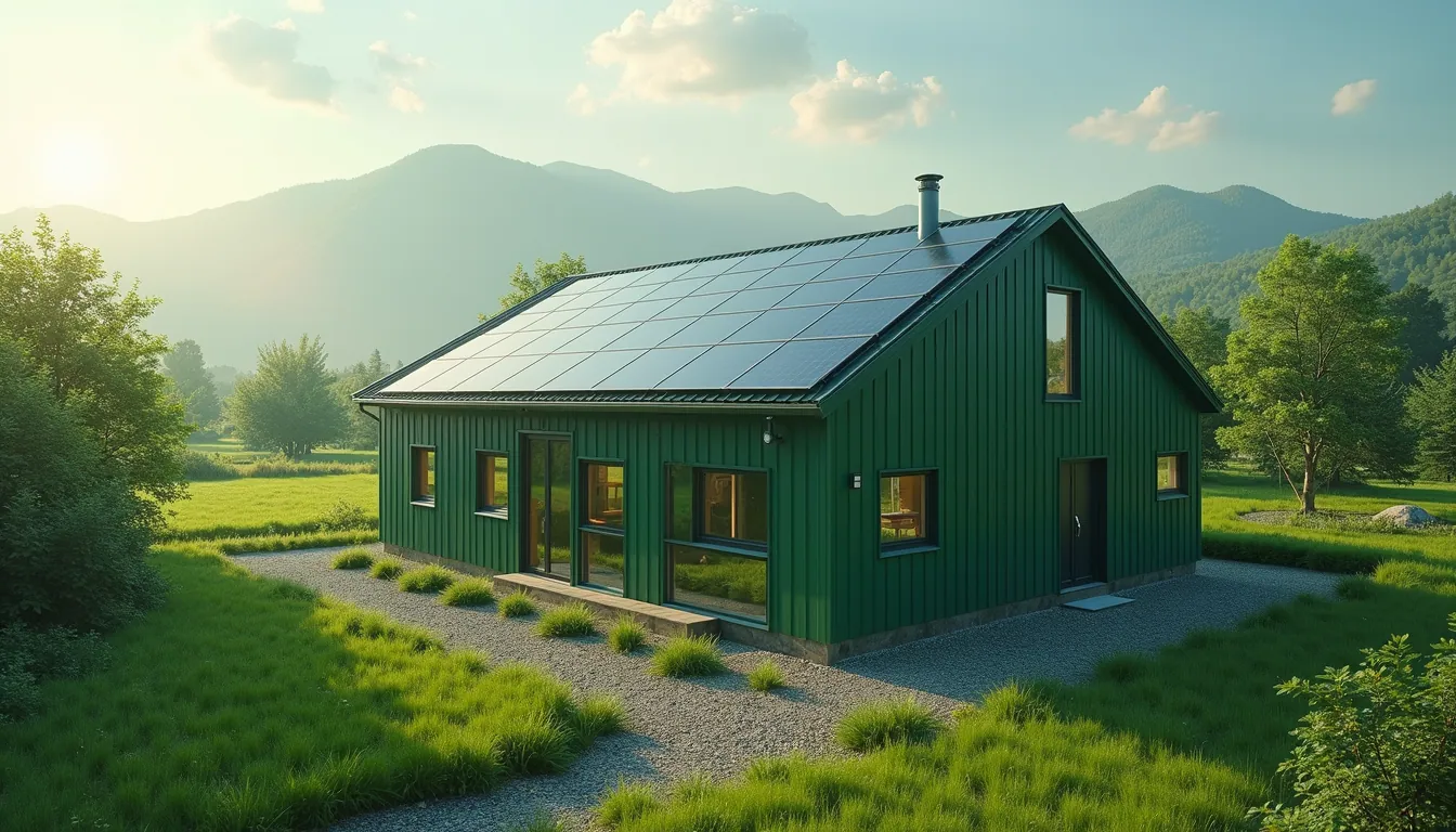 High angle view of a modern green building with solar panels