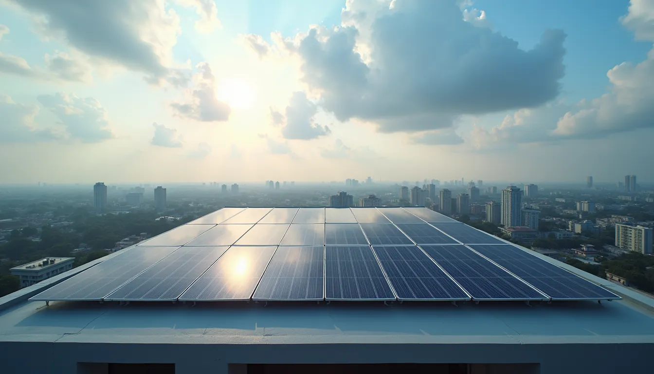 Wide angle view of solar panels installed on rooftop of modern Indian building