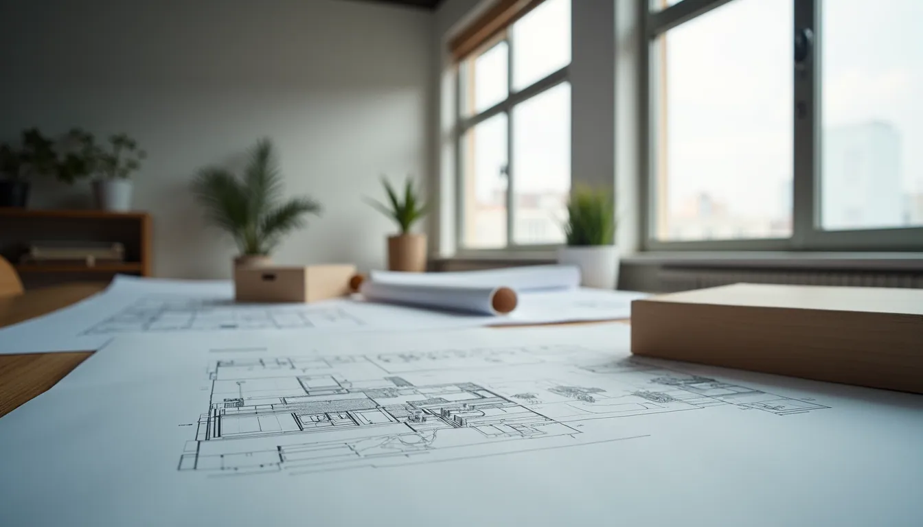 Wide angle view of architectural firm office with design models and blueprints